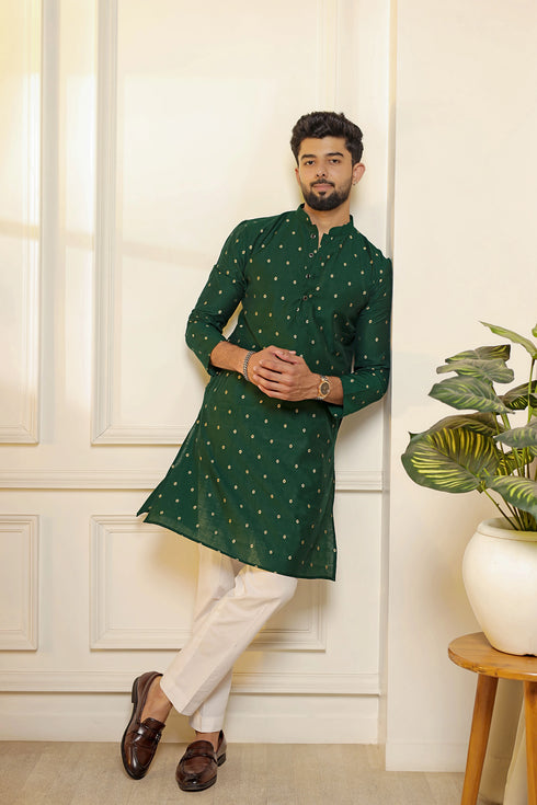 Green Cotton Mens Kurta With Payjama - Close-up View | Samyak Fashion
