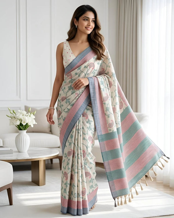 Green Cotton Silk Saree With Blouse - Front View | Samyak Fashion