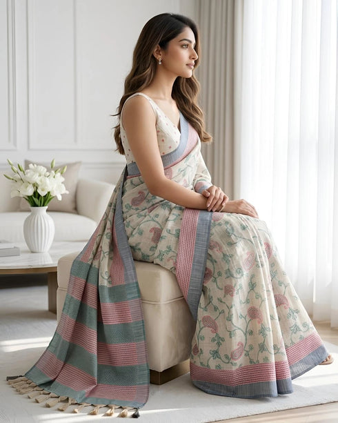 Green Cotton Silk Saree With Blouse - Back View | Samyak Fashion