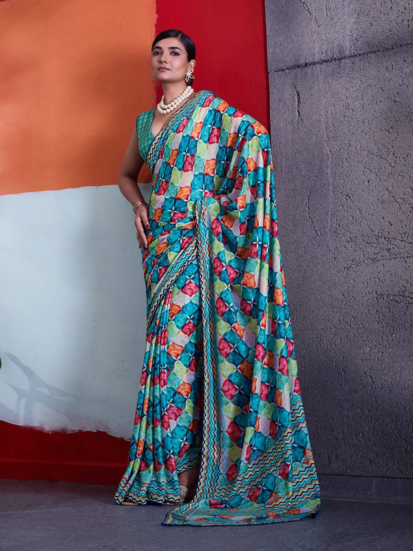Green Crepe Elegant Party Wear Saree Collection With Blouse - Front View | Samyak Fashion