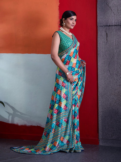 Green Crepe Elegant Party Wear Saree Collection With Blouse - Back View | Samyak Fashion