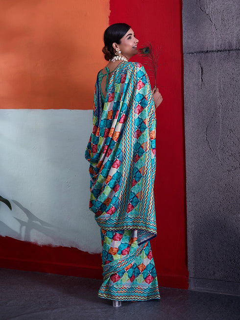 Green Crepe Elegant Party Wear Saree Collection With Blouse - Side View | Samyak Fashion