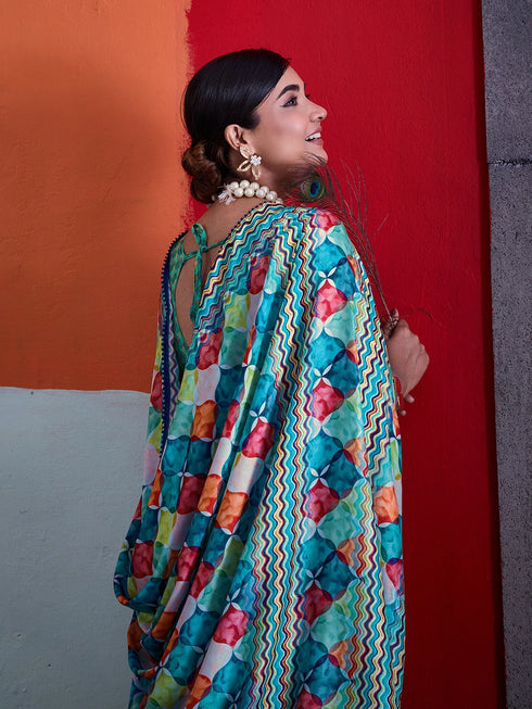 Green Crepe Elegant Party Wear Saree Collection With Blouse - Detail View | Samyak Fashion