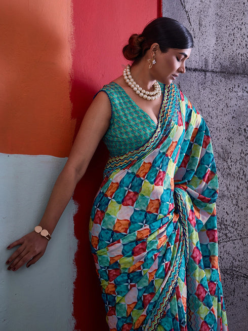 Green Crepe Elegant Party Wear Saree Collection With Blouse - Close-up View | Samyak Fashion