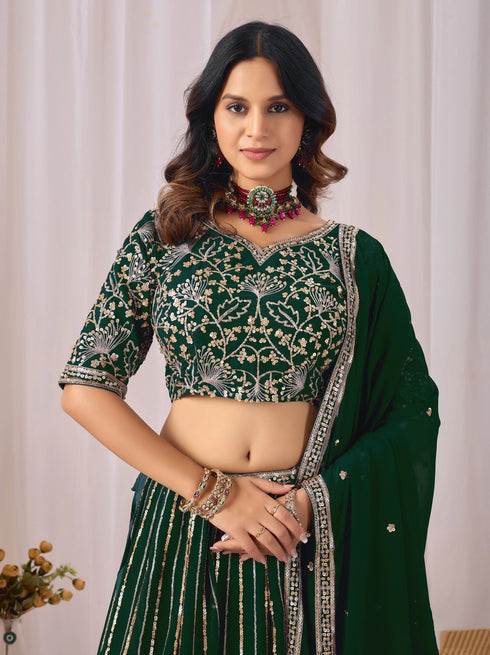 Green Faux Georgette Lehenga Choli - Side View | Samyak Fashion