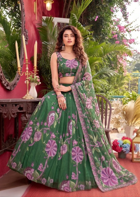 Green Faux Georgette Lehenga Choli Ethnic Digital Print And Sequence Figure Work With Can-can & Canvas Patta - Front View | Samyak Fashion