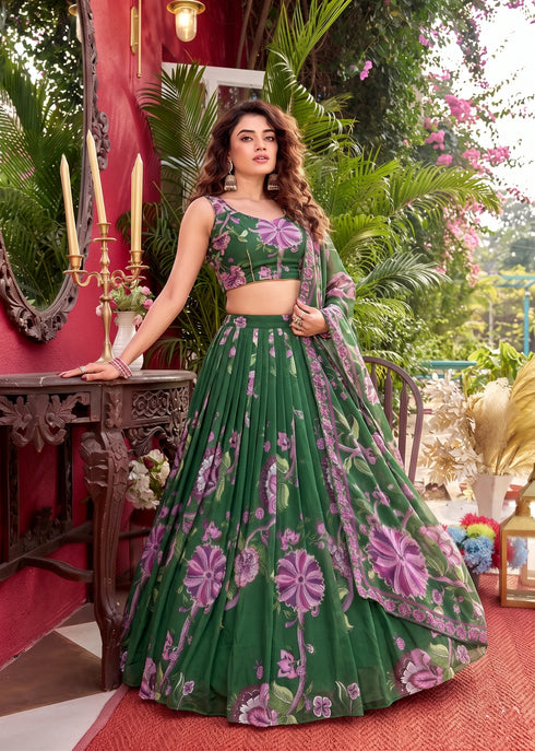 Green Faux Georgette Lehenga Choli Ethnic Digital Print And Sequence Figure Work With Can-can & Canvas Patta - Back View | Samyak Fashion