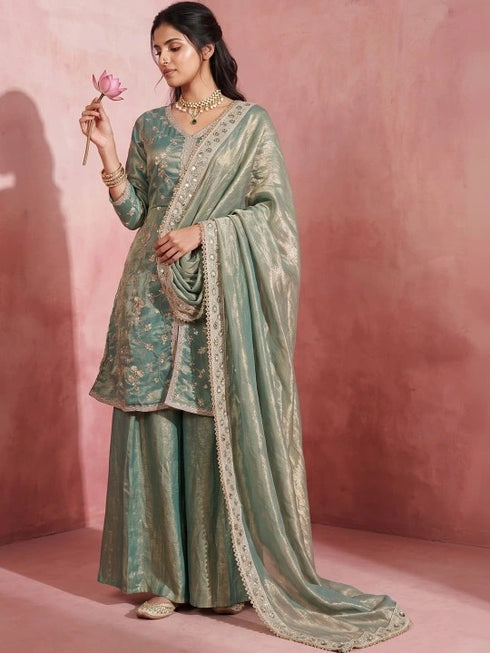 Green Fendy Satin Salwar Suits - Back View | Samyak Fashion