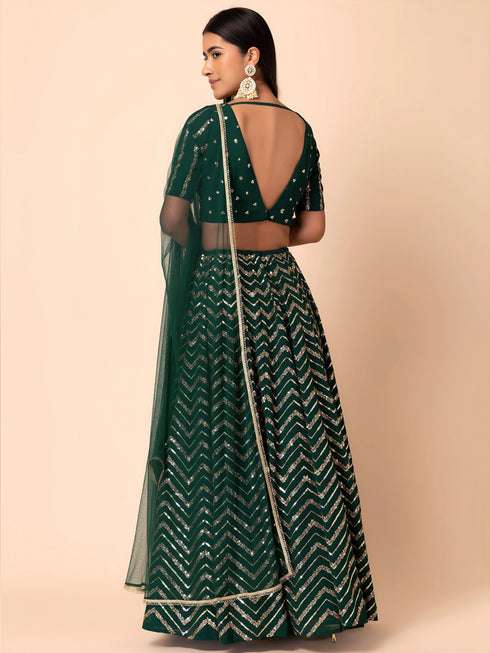 Green Georgette Lehenga Choli - Back View | Samyak Fashion