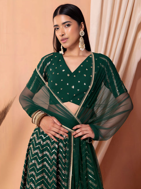 Green Georgette Lehenga Choli - Side View | Samyak Fashion