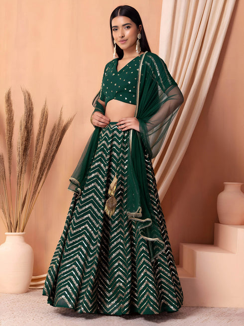 Green Georgette Lehenga Choli - Detail View | Samyak Fashion