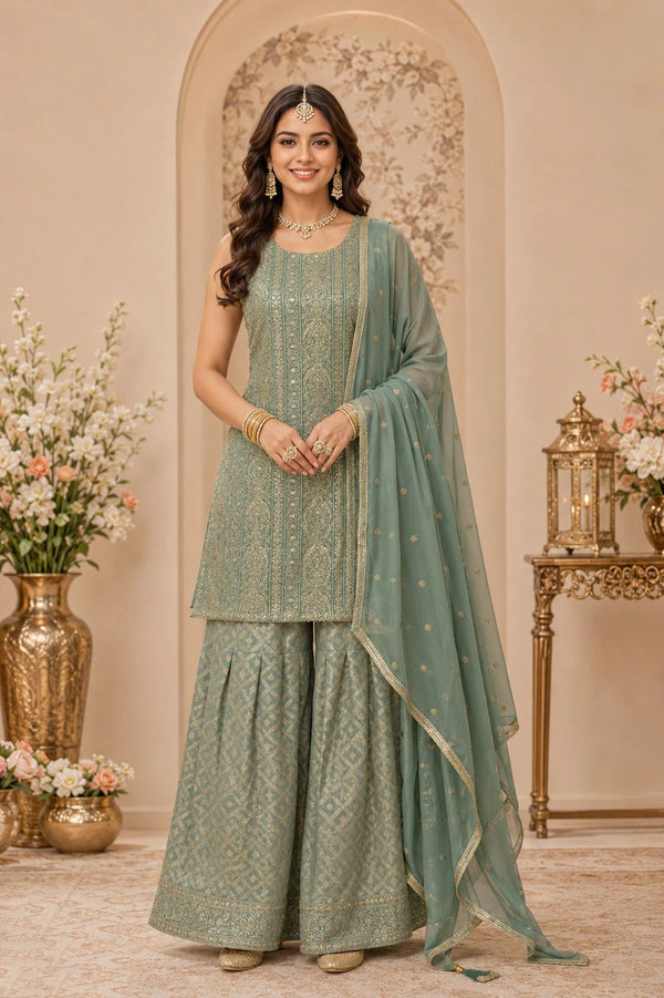 Green Georgette Sharara Suit Embroidery,swarovski Work - Front View | Samyak Fashion
