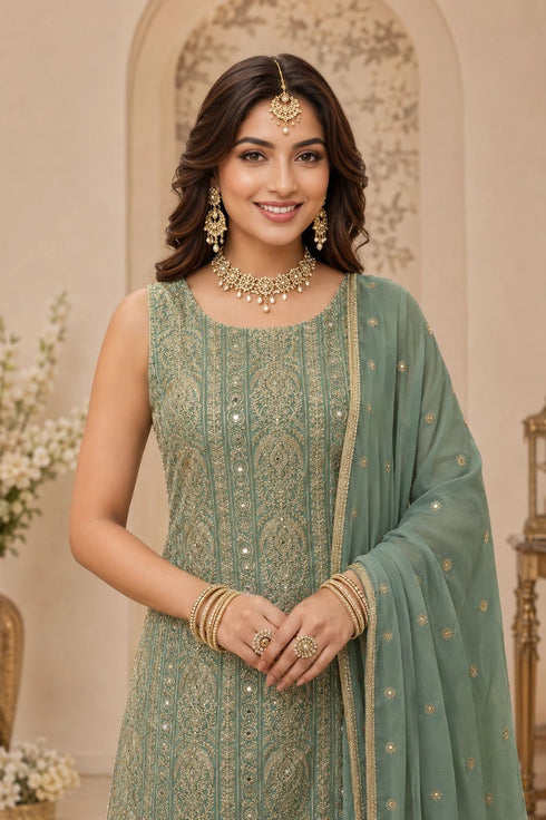 Green Georgette Sharara Suit Embroidery,swarovski Work - Back View | Samyak Fashion