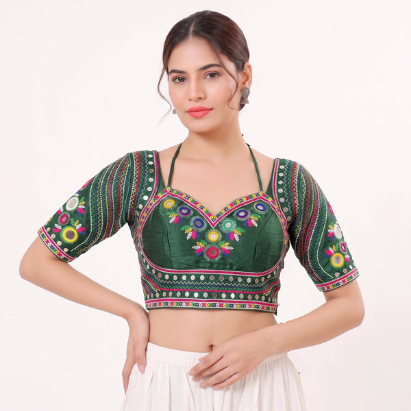 Green Heavy Italian Silk Blouse - Front View | Samyak Fashion