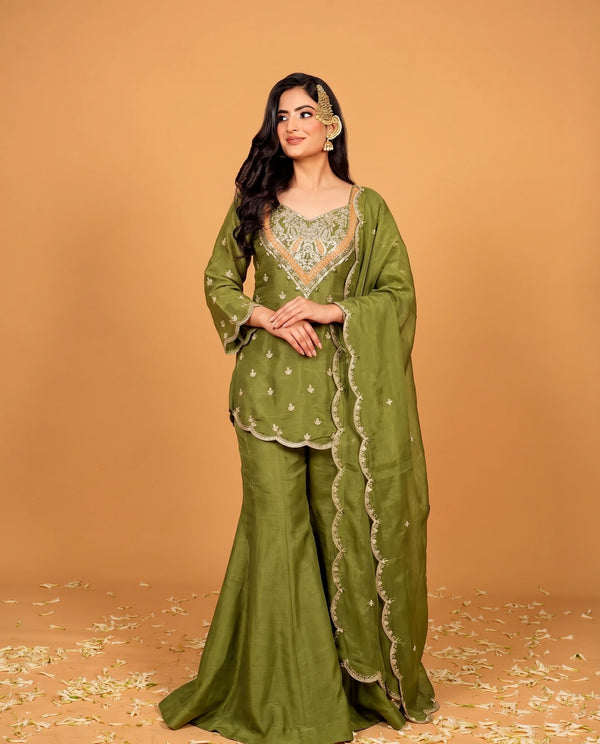 Green Heavy Simar Silk Elegant Salwar Suit - Front View | Samyak Fashion