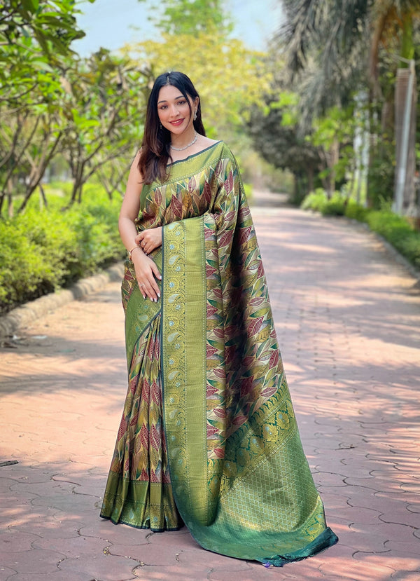 Green Kanchipattu Silk Party Wear Saree With Blouse - Front View | Samyak Fashion