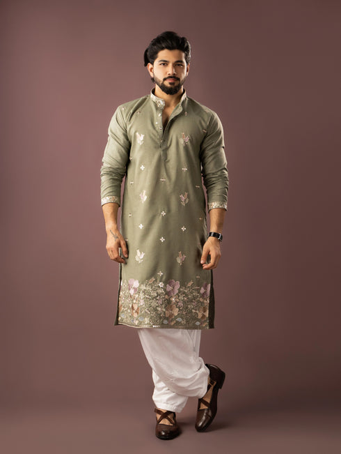 Green Linen Mens Kurta With Payjama - Front View | Samyak Fashion