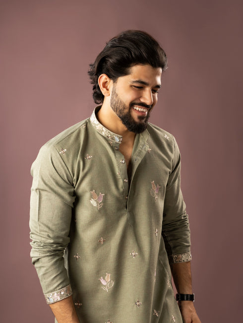 Green Linen Mens Kurta With Payjama - Side View | Samyak Fashion