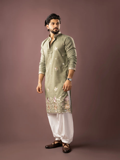 Green Linen Mens Kurta With Payjama - Detail View | Samyak Fashion