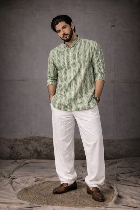 Green Linen Mens Short Kurta - Front View | Samyak Fashion