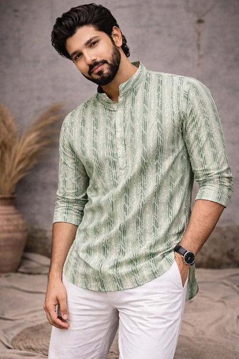 Green Linen Mens Short Kurta - Side View | Samyak Fashion
