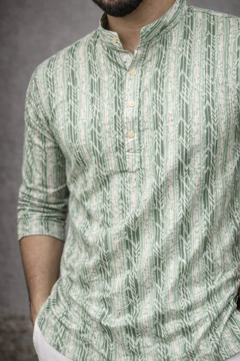 Green Linen Mens Short Kurta - Detail View | Samyak Fashion