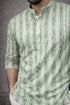 Green Linen Mens Short Kurta - Detail View | Samyak Fashion