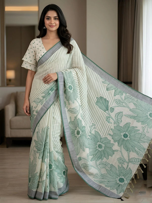Green Linen Saree With Blouse - Front View | Samyak Fashion