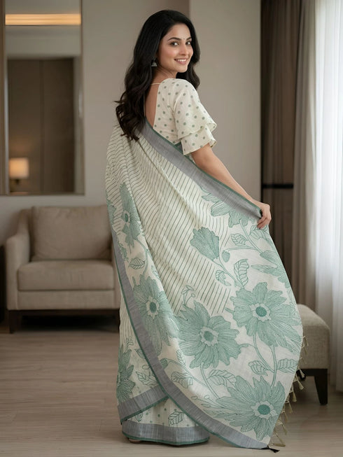 Green Linen Saree With Blouse - Back View | Samyak Fashion