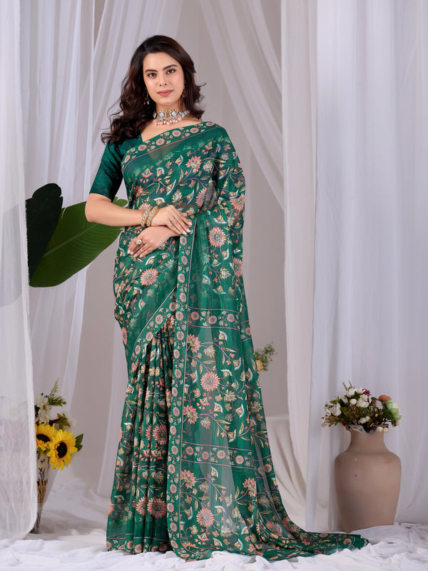 Green Monsoon Georgette Silk Party Wear Saree With Blouse - Front View | Samyak Fashion
