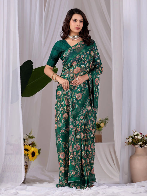 Green Monsoon Georgette Silk Party Wear Saree With Blouse - Back View | Samyak Fashion