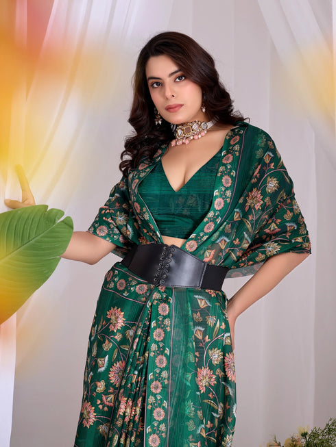 Green Monsoon Georgette Silk Party Wear Saree With Blouse - Full View | Samyak Fashion