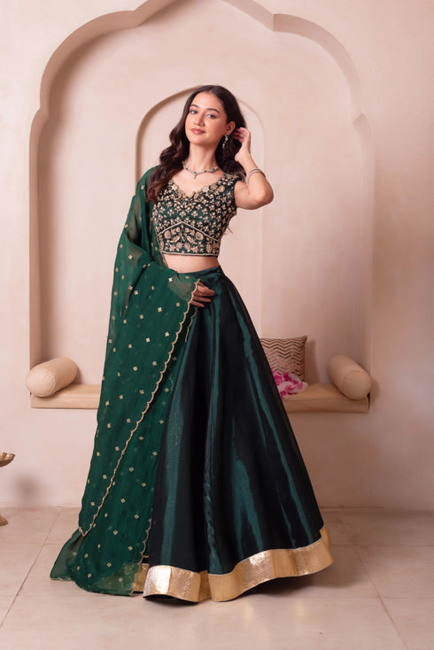 Green Organza Arty Lehenga Choli - Back View | Samyak Fashion