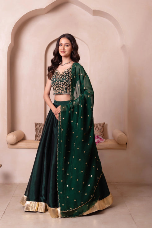 Green Organza Arty Lehenga Choli - Side View | Samyak Fashion