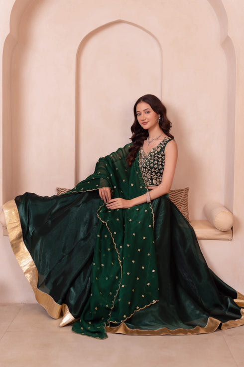 Green Organza Arty Lehenga Choli - Detail View | Samyak Fashion