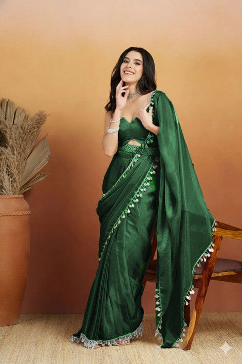 Green Organza Saree With Blouse - Front View | Samyak Fashion