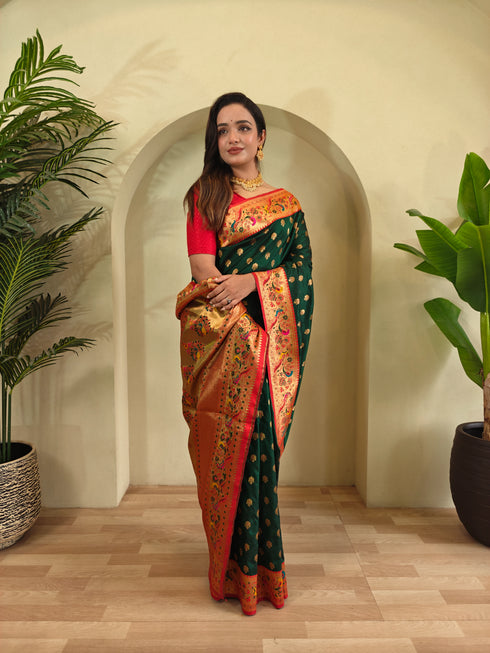 Green Paithani Silk Party Wear Saree With Blouse - Front View | Samyak Fashion