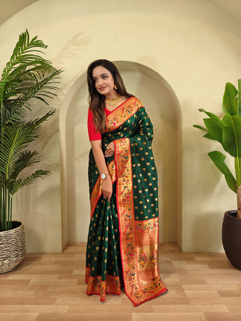 Green Paithani Silk Party Wear Saree With Blouse - Back View | Samyak Fashion