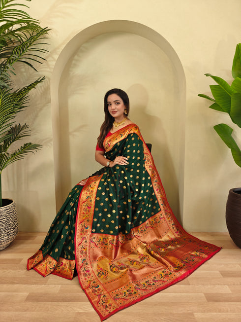 Green Paithani Silk Party Wear Saree With Blouse - Side View | Samyak Fashion