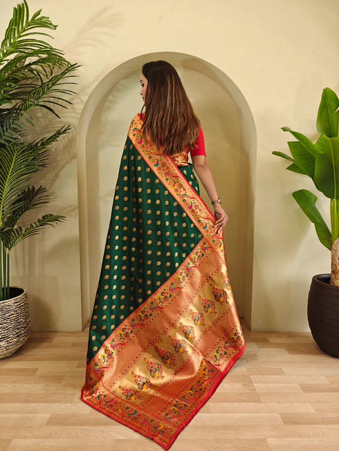 Green Paithani Silk Party Wear Saree With Blouse - Detail View | Samyak Fashion