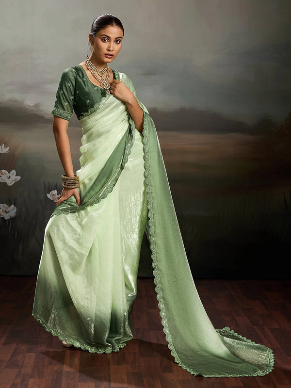 Green Satin Elegant Party Wear Saree Collection With Blouse - Front View | Samyak Fashion