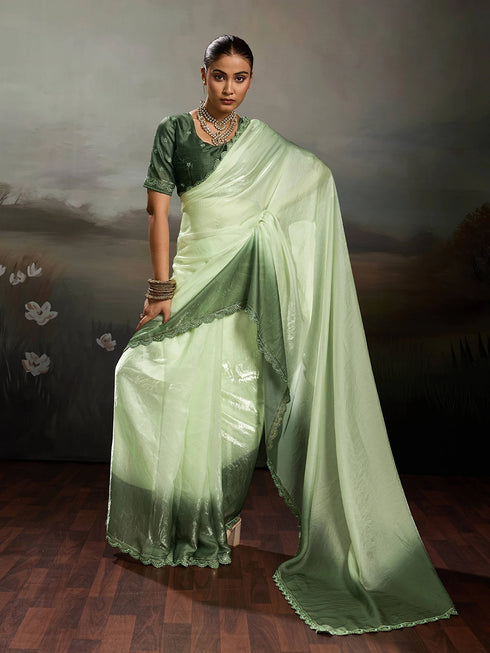 Green Satin Elegant Party Wear Saree Collection With Blouse - Back View | Samyak Fashion