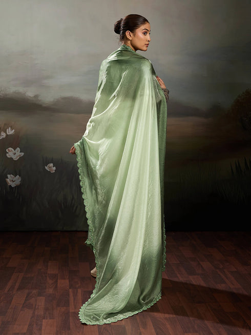 Green Satin Elegant Party Wear Saree Collection With Blouse - Detail View | Samyak Fashion