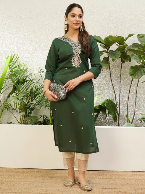 Green Silk Blend Long Kurti. - Front View | Samyak Fashion