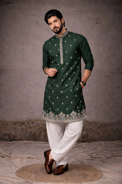 Green Silk Mens For A Festive And Kurta With Payjama - Front View | Samyak Fashion