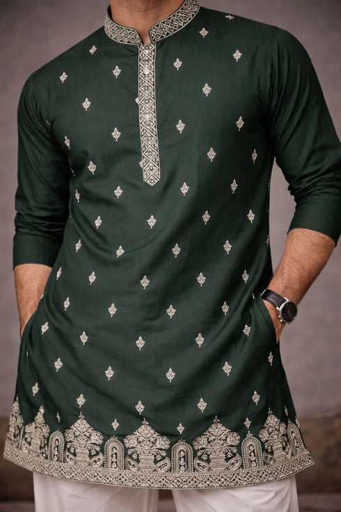 Green Silk Mens For A Festive And Kurta With Payjama - Side View | Samyak Fashion