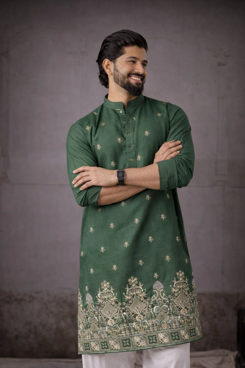 Green Silk Mens For A Festive And Kurta With Payjama - Side View | Samyak Fashion