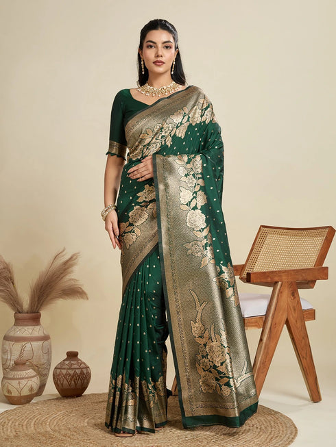 Green Soft Kanjivaram Silk Traditional Function Wear Soft Kanjivaram Silk Saree Collection With Blouse - Front View | Samyak Fashion