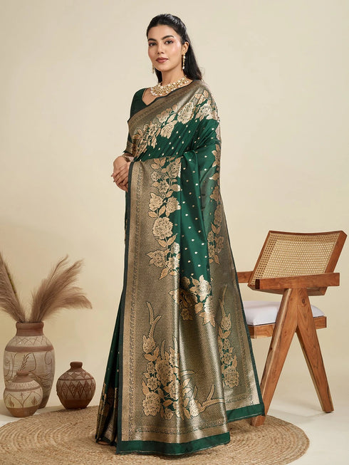 Green Soft Kanjivaram Silk Traditional Function Wear Soft Kanjivaram Silk Saree Collection With Blouse - Back View | Samyak Fashion