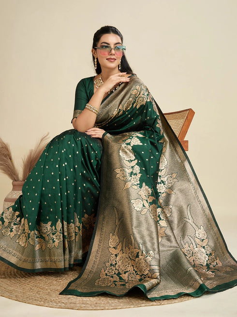 Green Soft Kanjivaram Silk Traditional Function Wear Soft Kanjivaram Silk Saree Collection With Blouse - Side View | Samyak Fashion